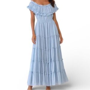 Idem Ditto Blue Off Shoulder Tiered Midi Dress Small